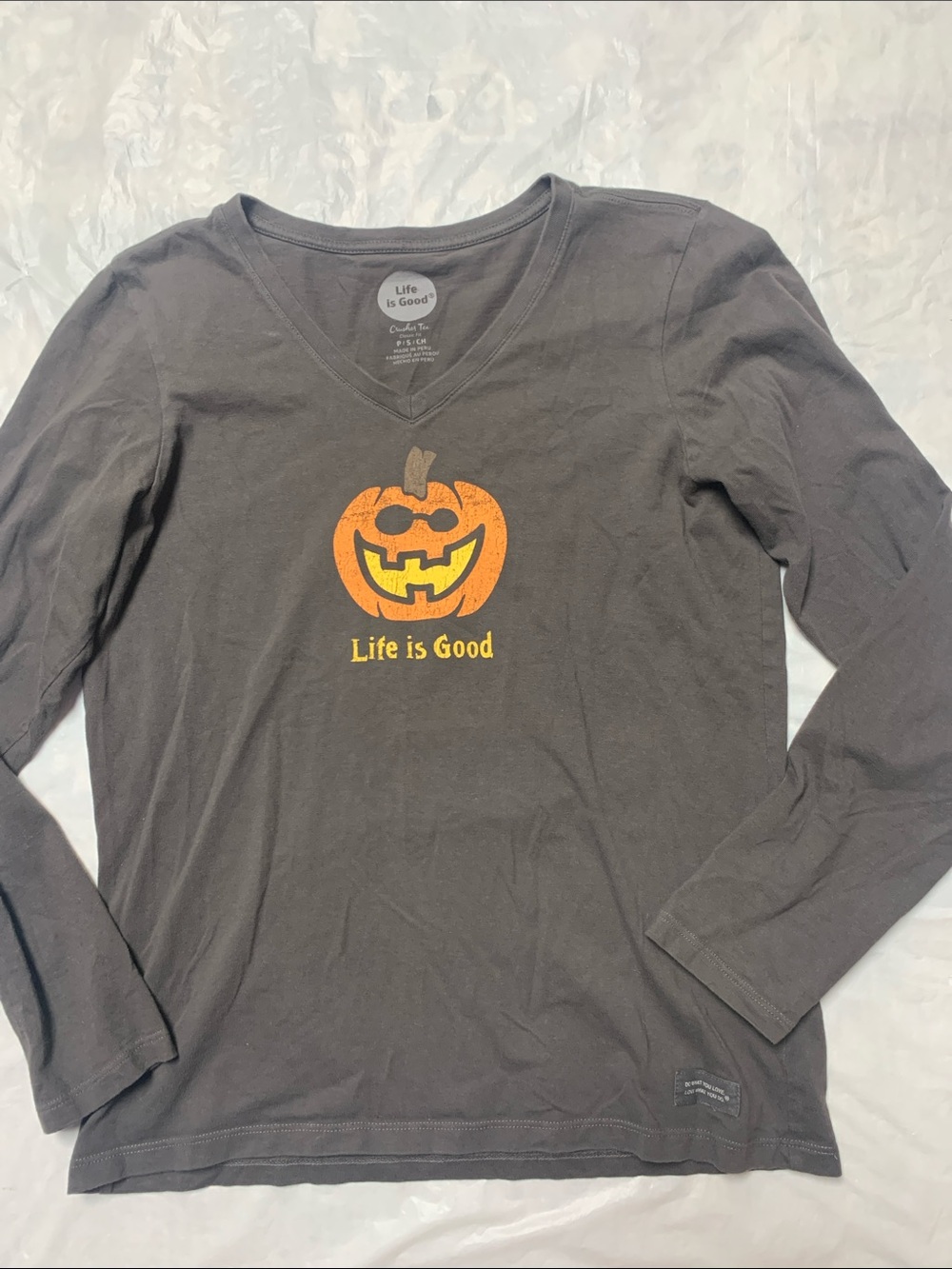 Life Is Good Pumpkin Halloween Crusher Long Sleeve T Shirt V Neck Size Small